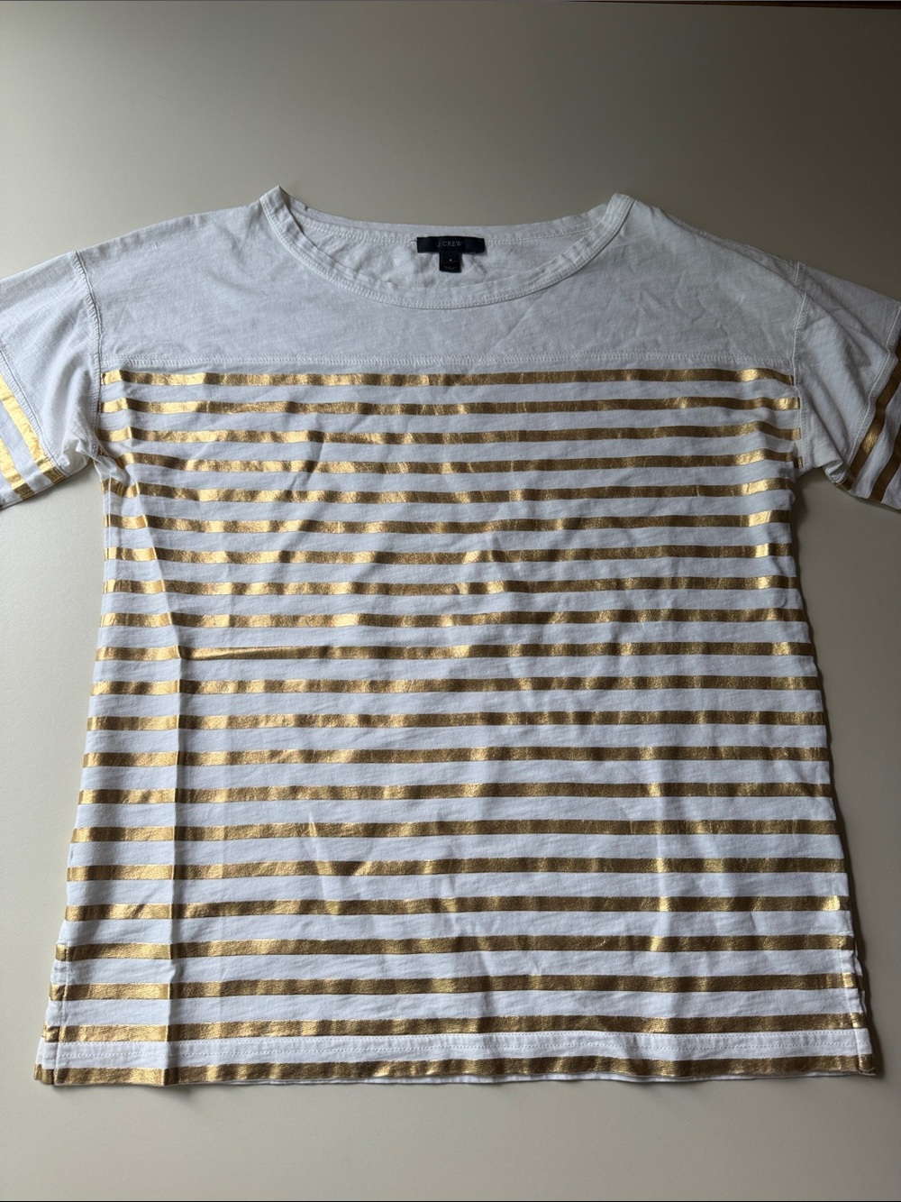 J. Crew White Top with Gold Metallic Stripes